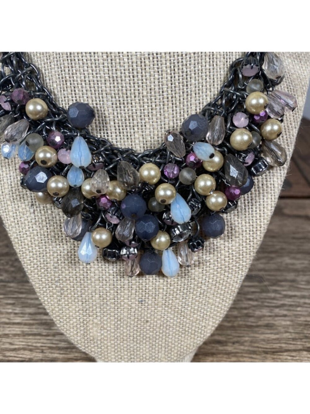 Chain Link Beaded Bib Choker Necklace - Picture 2 of 4